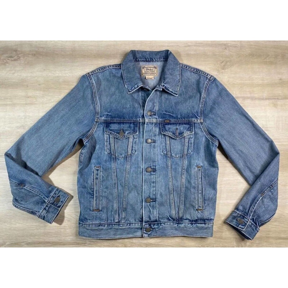 Polo Ralph Lauren Men L Trucker Denim Blue Jean Jacket Big Pony